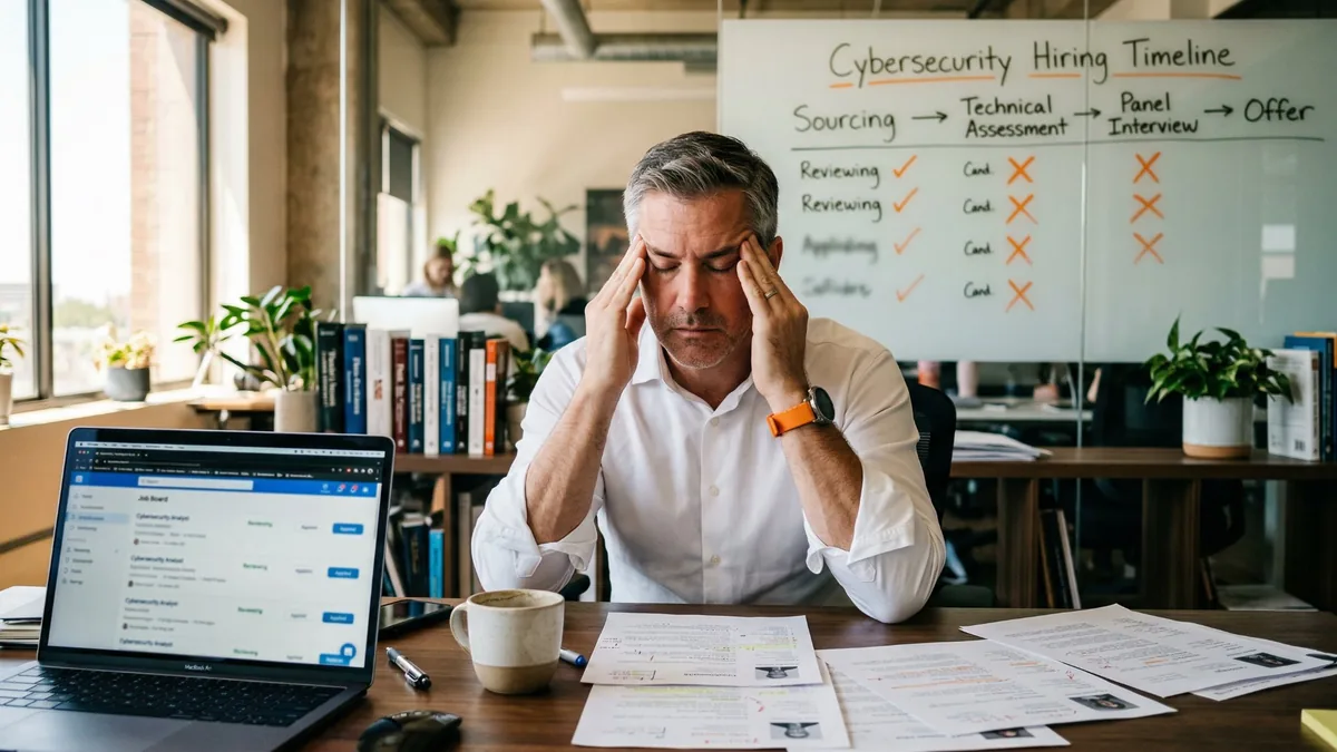 Frustrated hiring manager rubbing his temples at desk with scattered resumes and laptop showing job board while cybersecurity hiring timeline whiteboard shows failed candidates