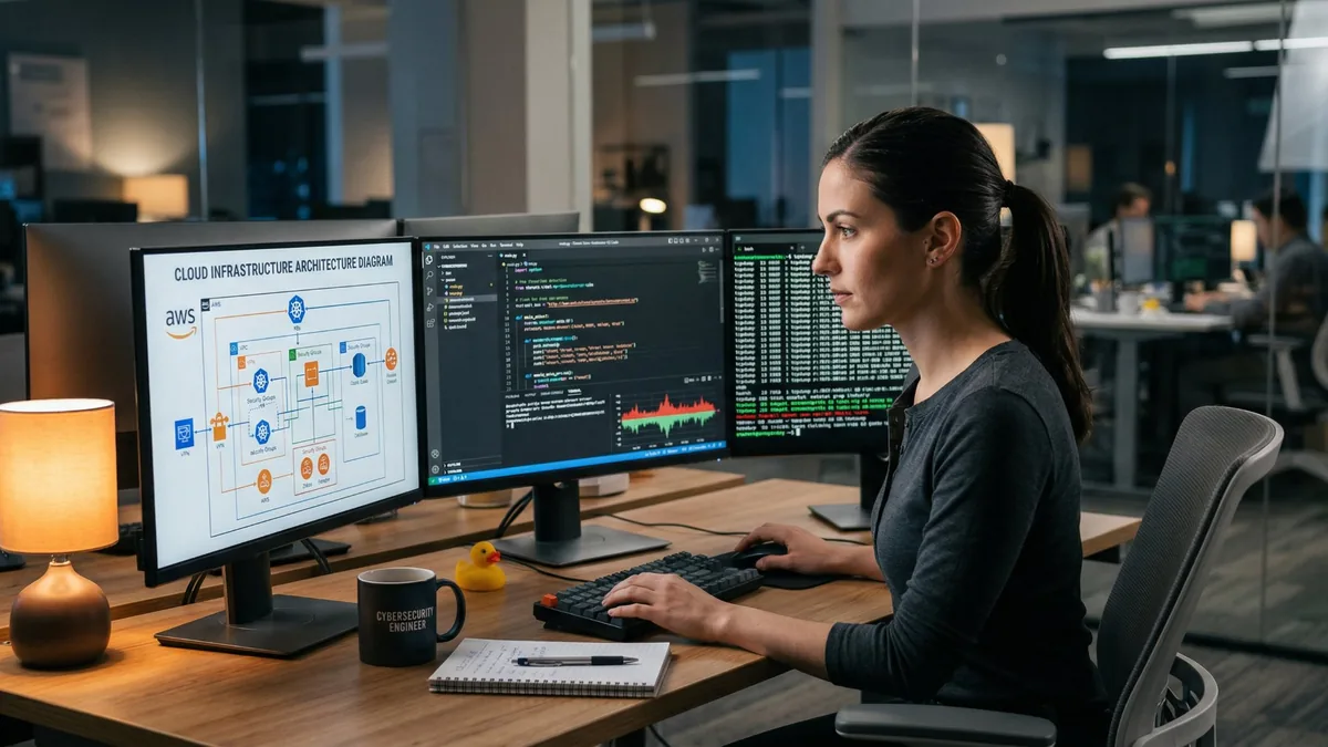 Female cybersecurity engineer analyzing cloud infrastructure architecture diagrams and security code on triple-monitor workstation in modern office
