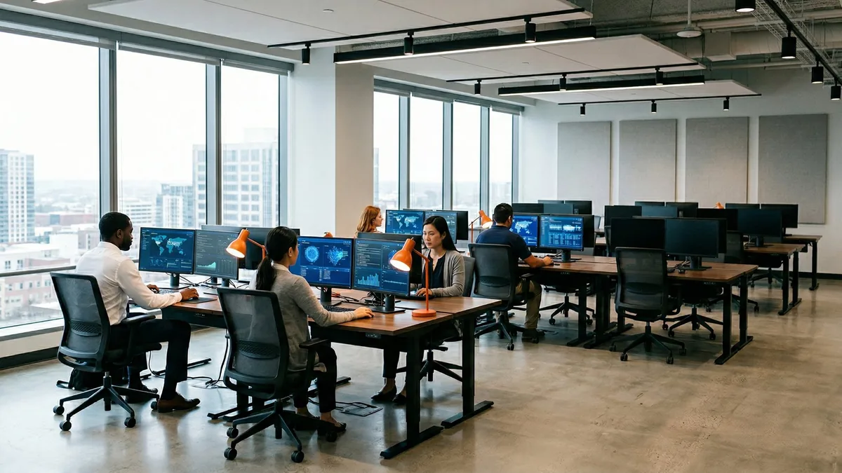 Open-plan cybersecurity office with five analysts at dual-monitor workstations and several empty desks with orange desk lamps showing the 2026 talent shortage