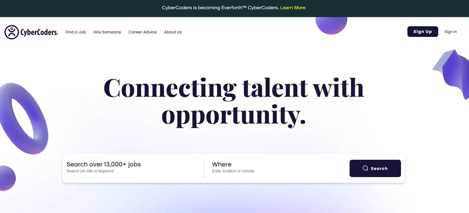 CyberCoders tech recruiting firm homepage screenshot — comparison profile for top tech recruiting firms article