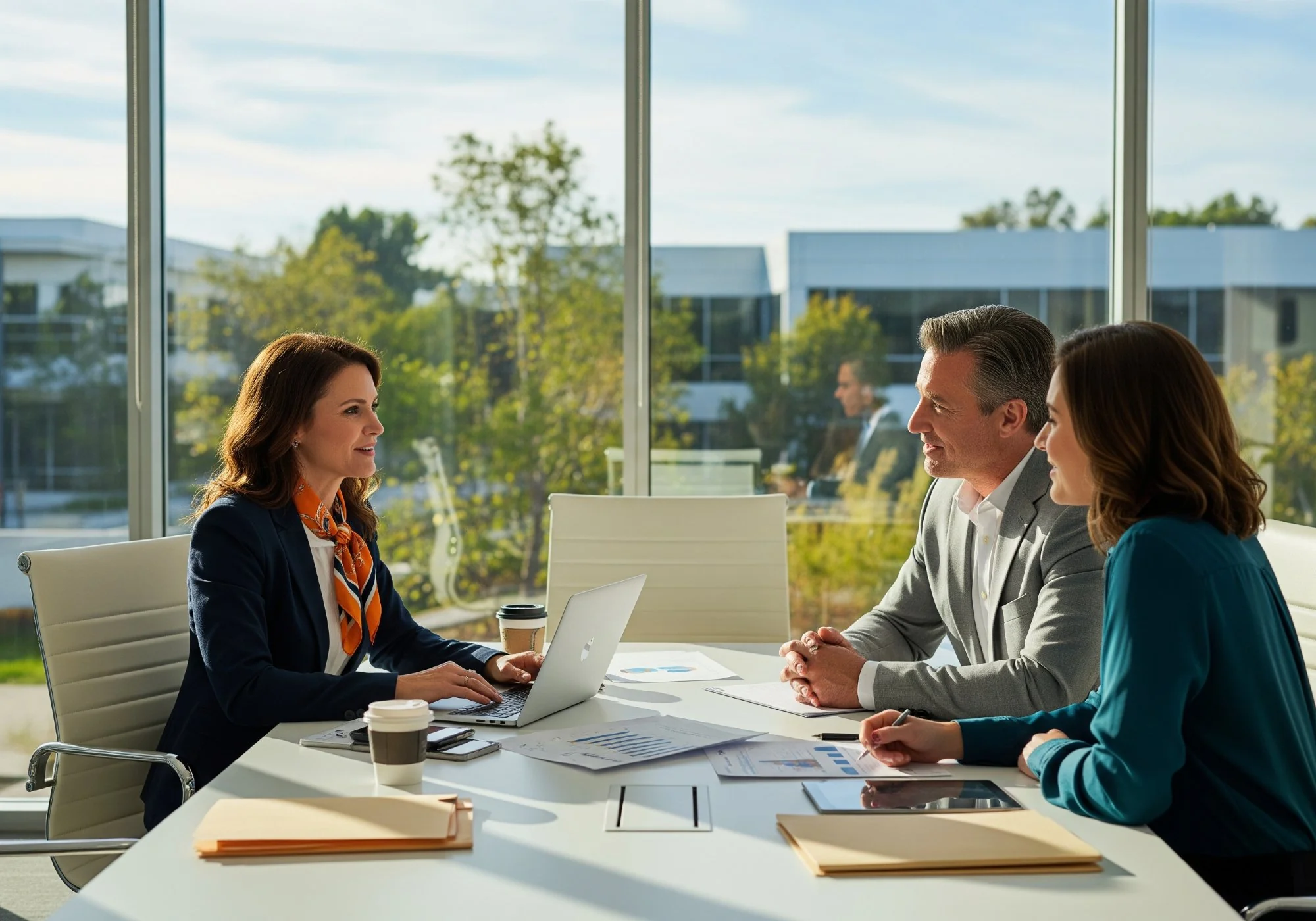 Finance consultant meeting with two corporate clients in a glass-walled conference room reviewing financial reports and strategy