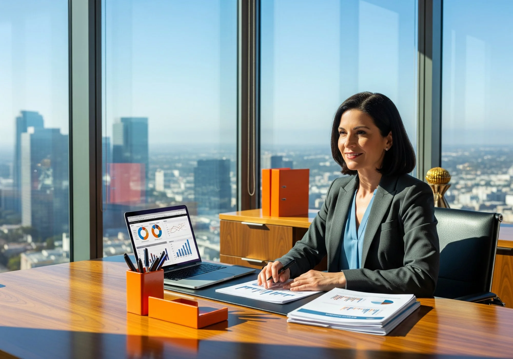 Female CFO reviewing financial reports at executive desk in modern Southern California high-rise office with orange accent decor