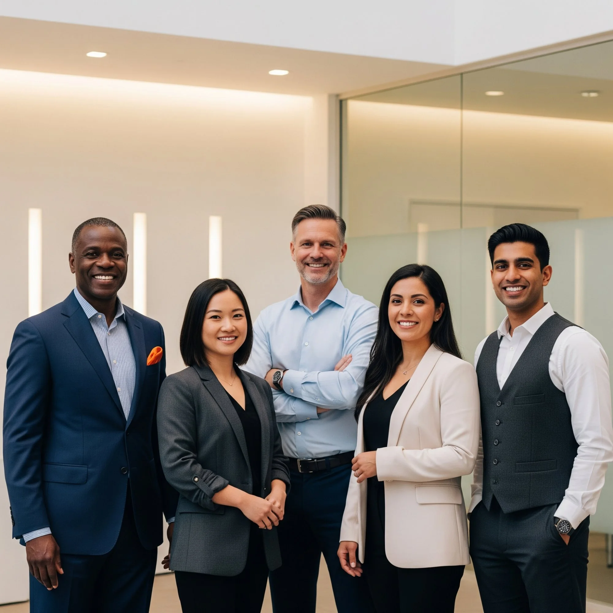 Diverse team of five accounting and finance professionals standing together in a modern corporate office lobby