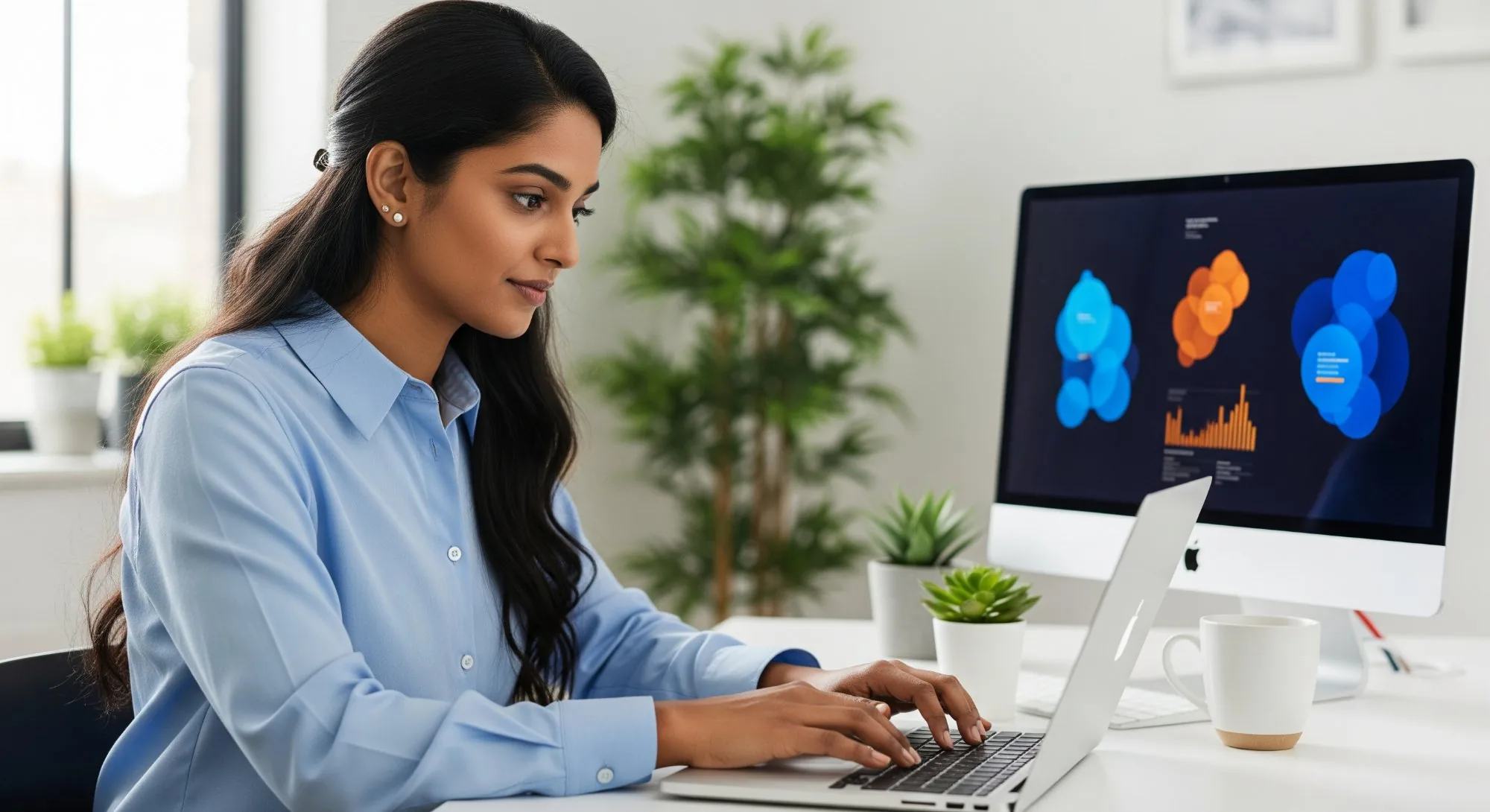 Focused young woman AI engineer working on laptop with colorful data visualization on external monitor in bright modern office