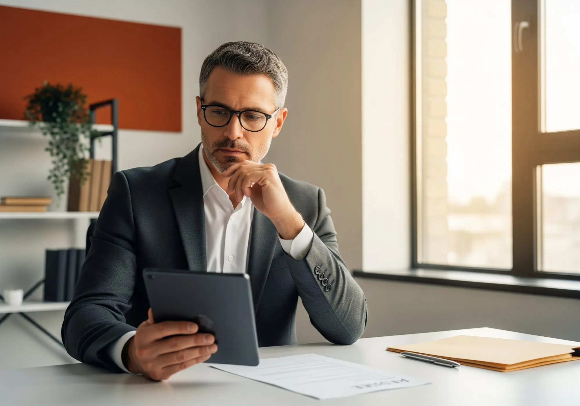 Experienced technology recruiter thoughtfully reviewing AI candidate profile on tablet in modern office with orange accent wall