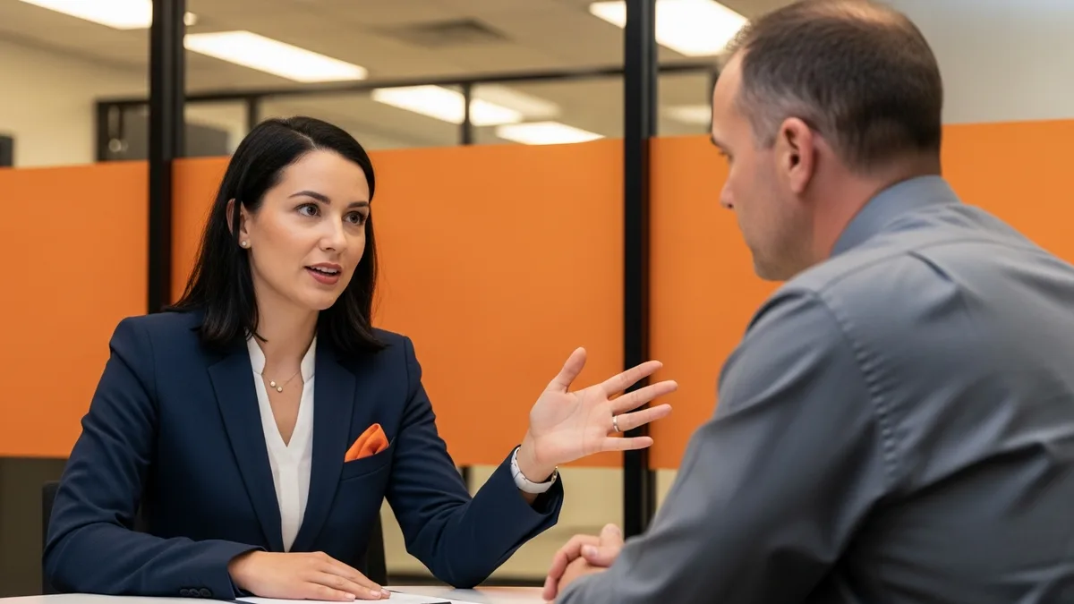Recruiter and hiring manager discussing AI staffing strategy and candidate evaluation in modern conference room