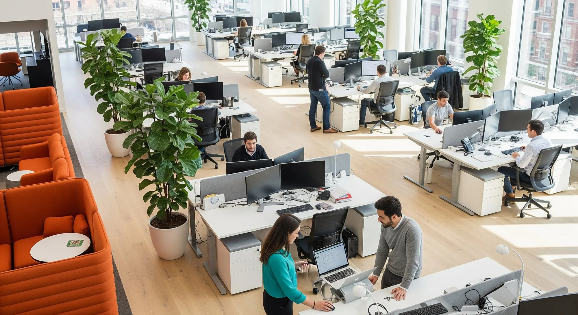 Elevated view of modern open-plan technology office with professionals at workstations, orange privacy chairs, and floor-to-ceiling windows