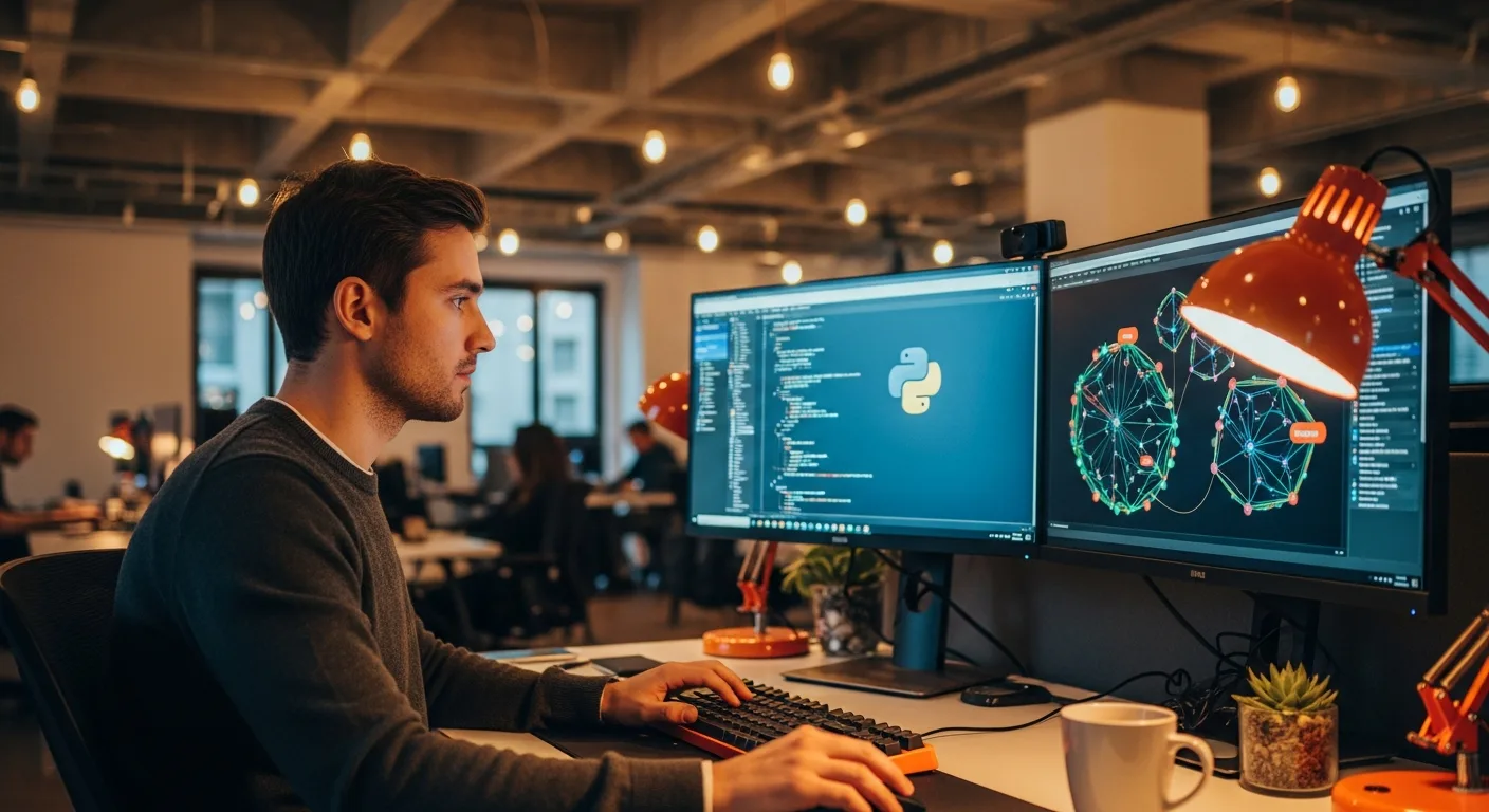 Senior AI engineer at dual-monitor workstation reviewing Python code and neural network architecture