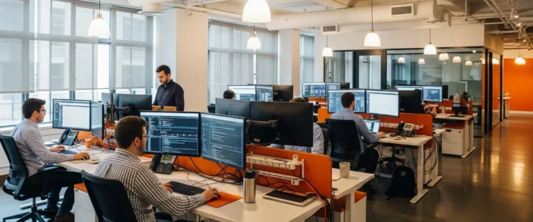 Modern AI engineering office with multiple engineers at workstations for 2026 AI ML talent map report