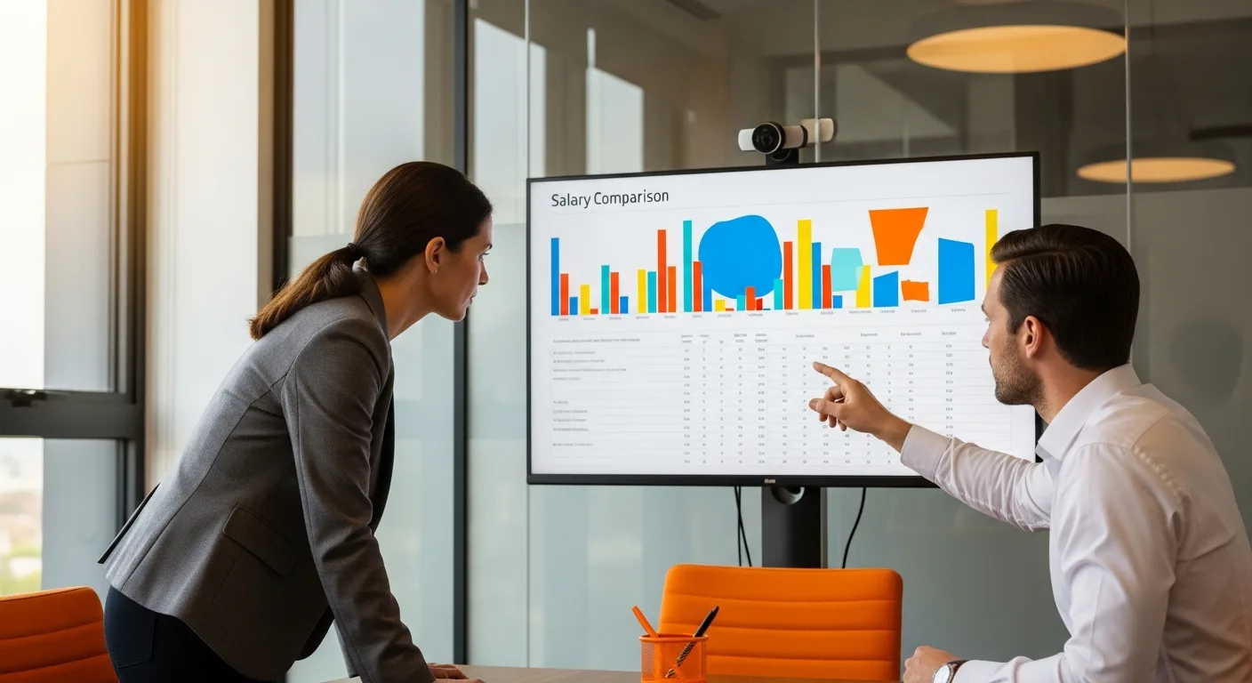 Hiring manager and recruiter reviewing AI engineer salary comparison data by city in conference room