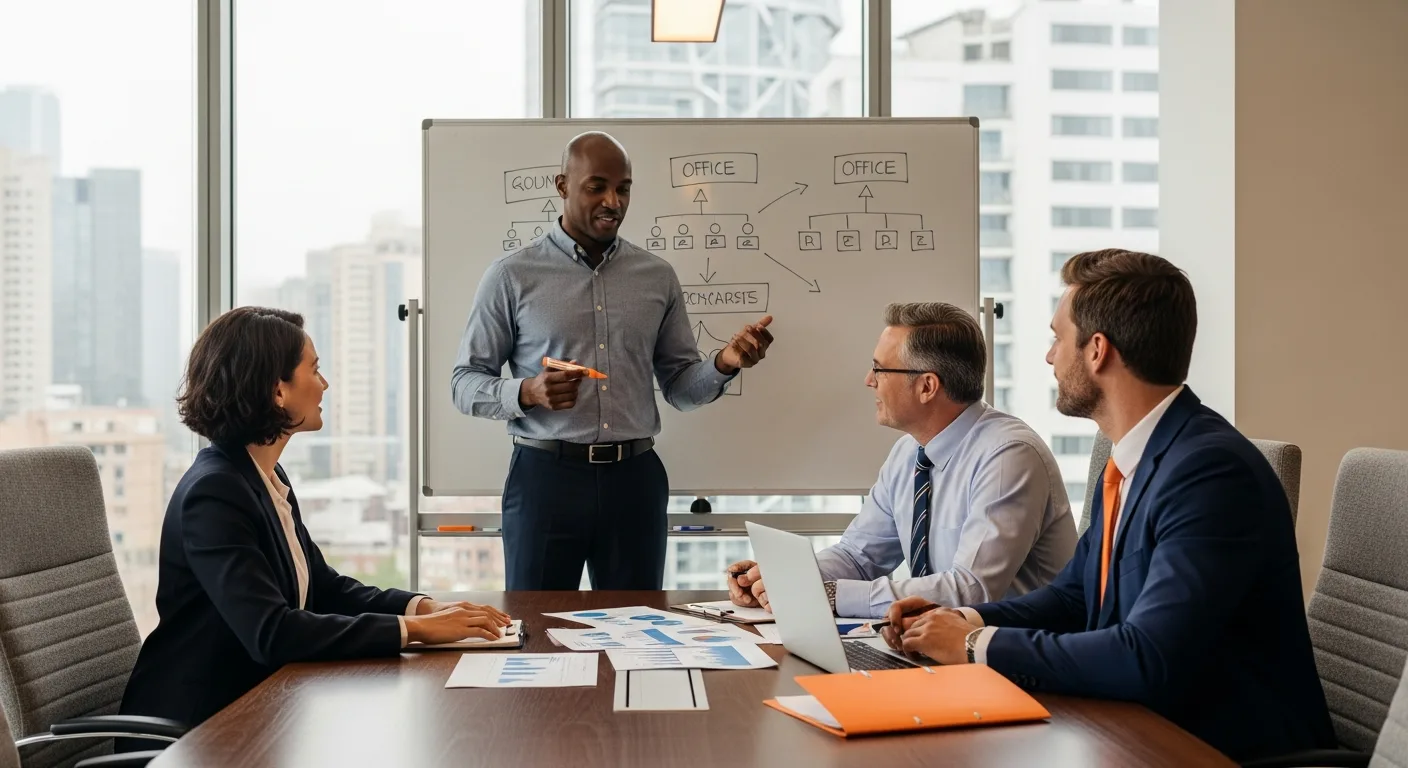 Leadership team in boardroom planning AI hiring strategy across geographic markets with whiteboard diagrams