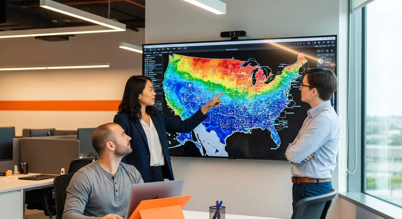 AI engineering team analyzing geographic heat map of US AI talent distribution for 2026 talent map report