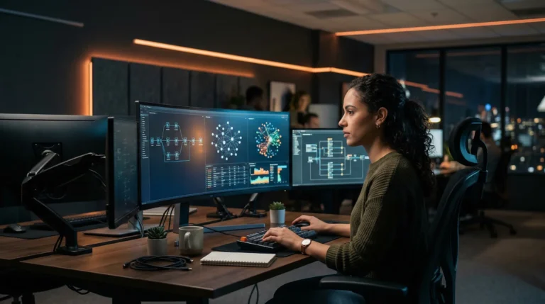 Analytics engineer building data models and pipelines in modern tech office