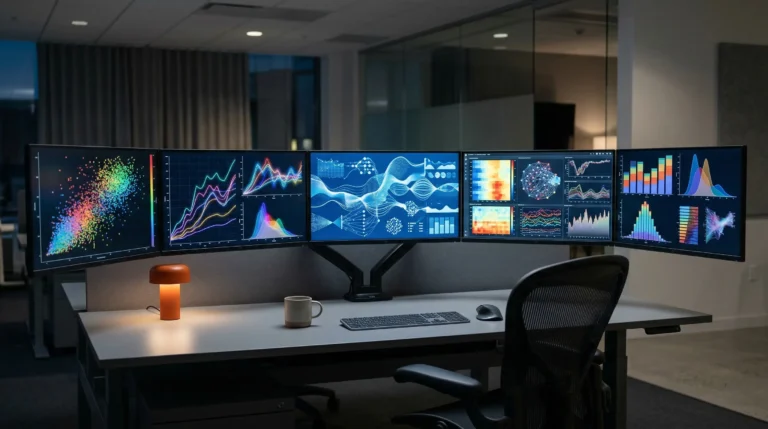 Modern analytics workspace with multiple monitors displaying data visualizations, SQL, and Python tools
