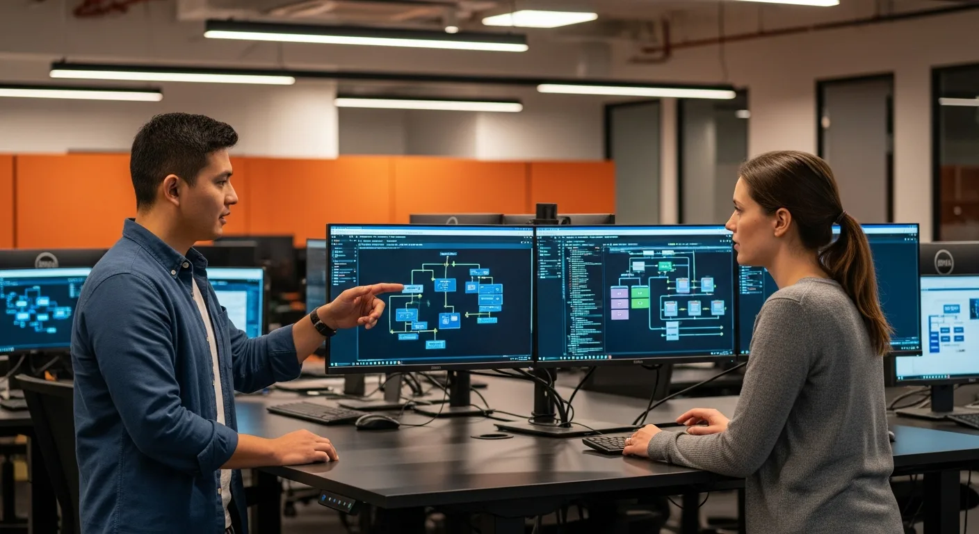 Two backend software engineers collaborating on server architecture and API design at a modern tech company