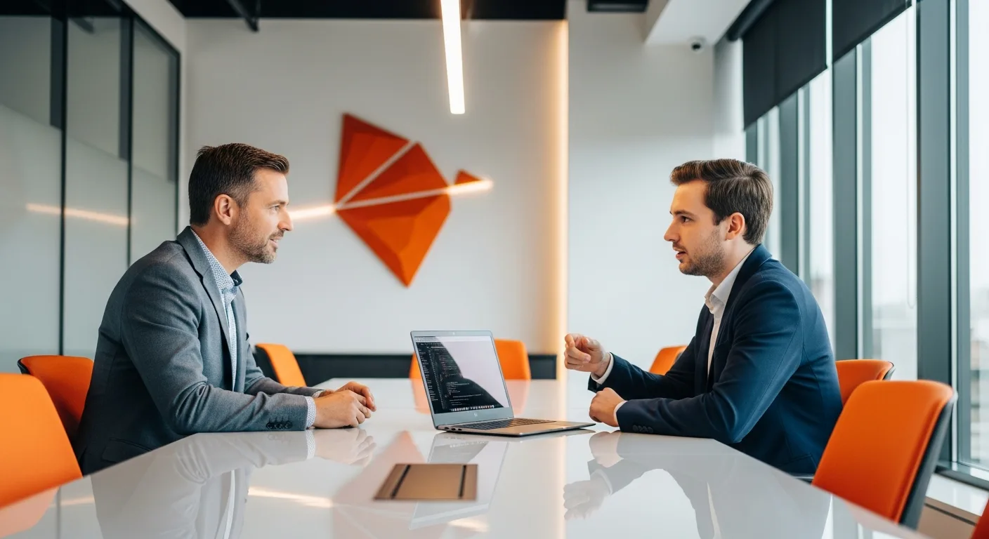 Hiring manager conducting a technical interview with a backend developer candidate in a conference room