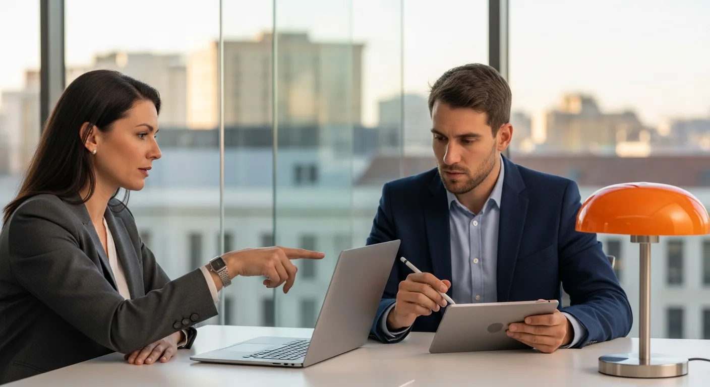 Hiring manager and IT recruiter reviewing candidates on laptop in corporate office