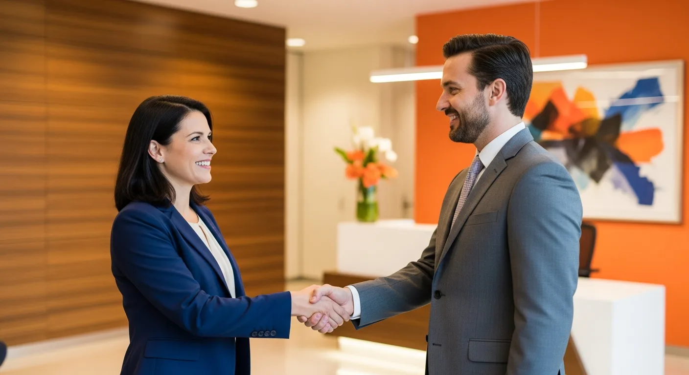 Business professionals shaking hands on IT staffing partnership in modern office lobby
