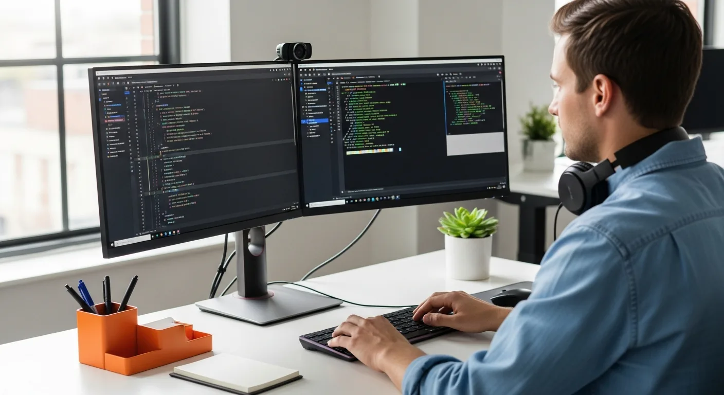Software developer working at standing desk with dual monitors showing code