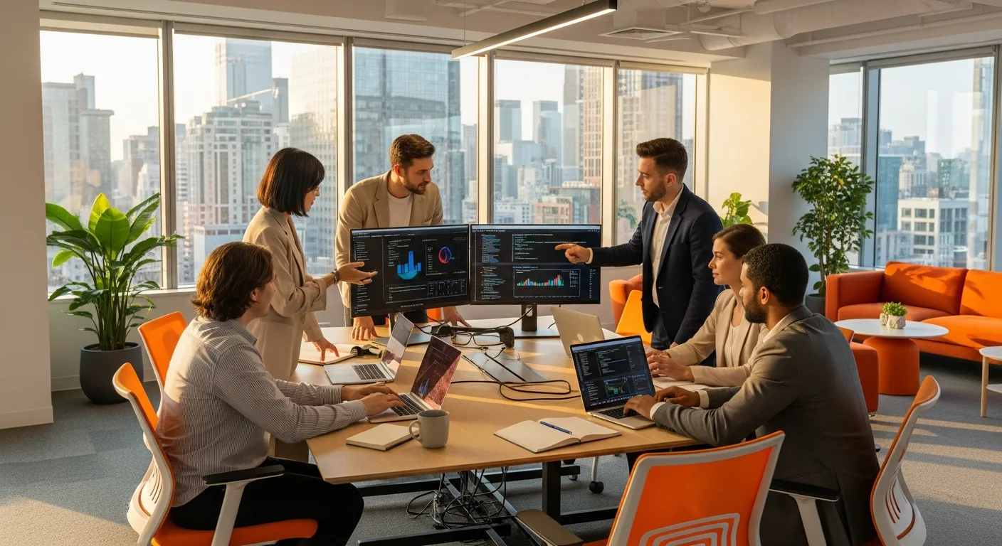 IT professionals collaborating around conference table in modern tech office