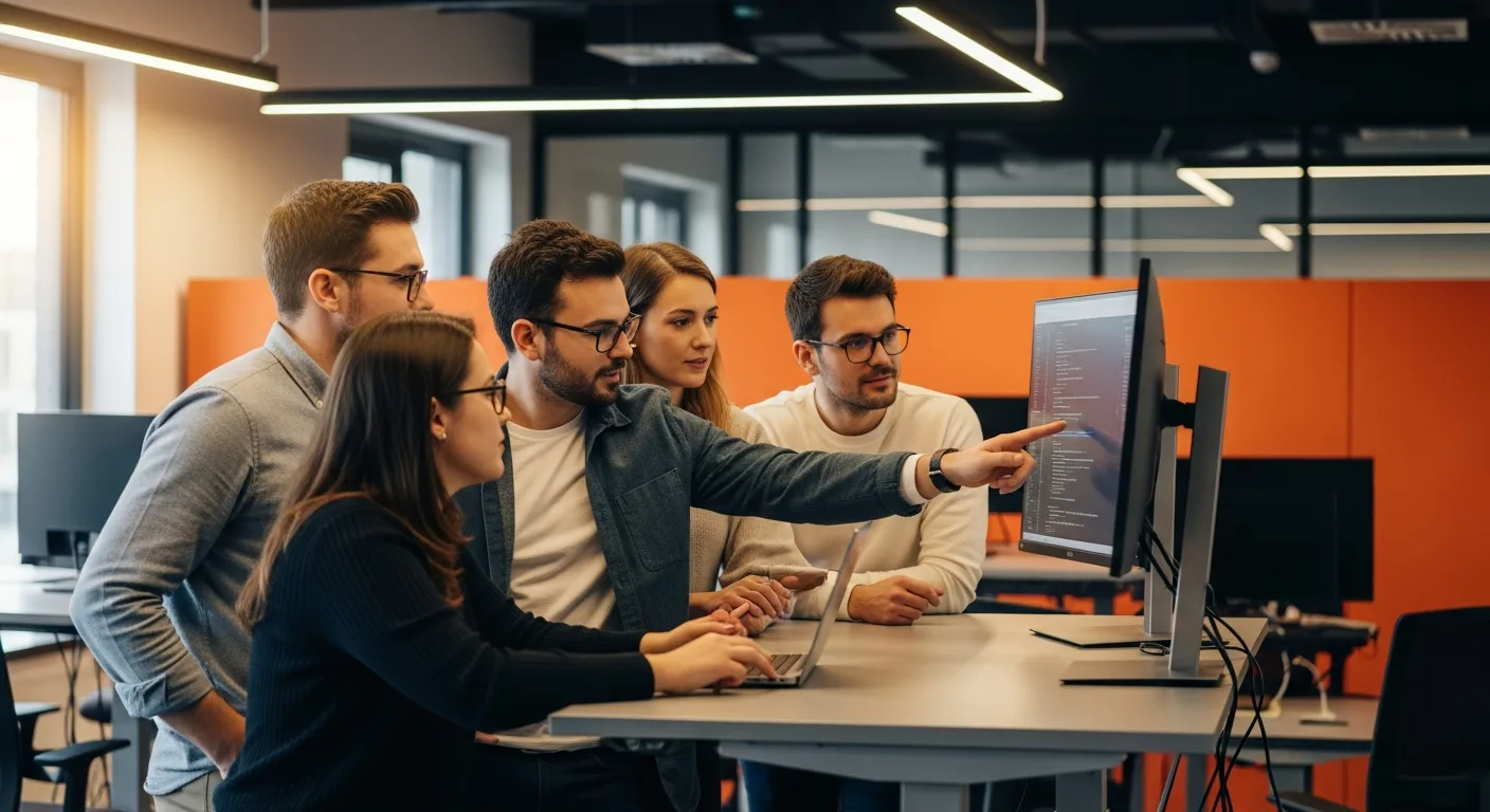 Software development team collaborating on code review at shared workstation in modern office