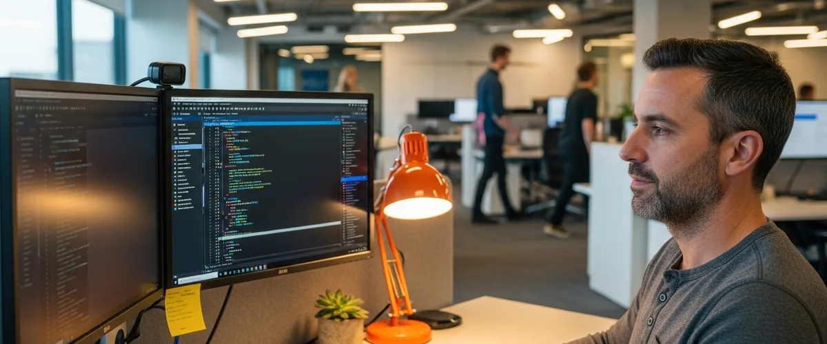 How to build a software development team from scratch - senior architect at dual monitor workstation