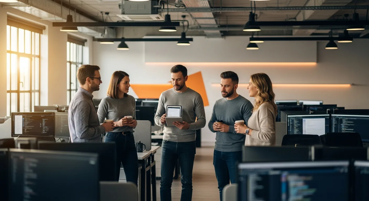 Software engineering team daily standup meeting in open-plan tech office