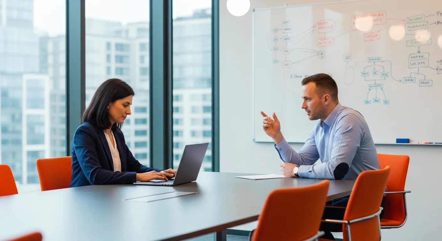 Hiring manager conducting technical interview with software developer candidate in conference room