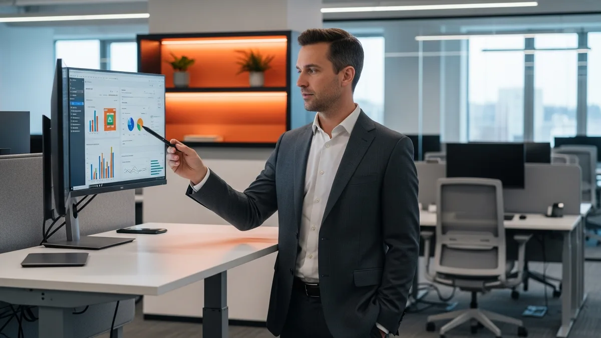 Business analyst standing at a height-adjustable desk analyzing data visualizations and salary analytics on a widescreen monitor