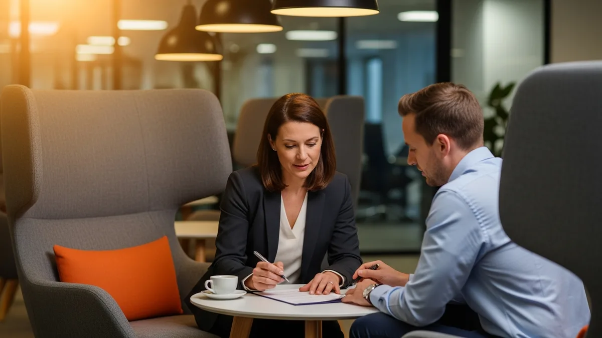 Hiring manager and business analyst candidate discussing salary negotiation and compensation offer in a modern office