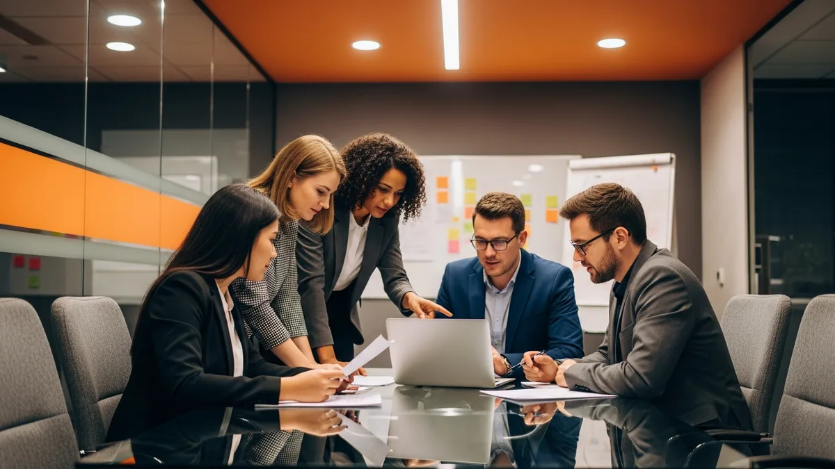 Diverse team of business analysts collaborating on requirements documentation in a modern conference room with whiteboard