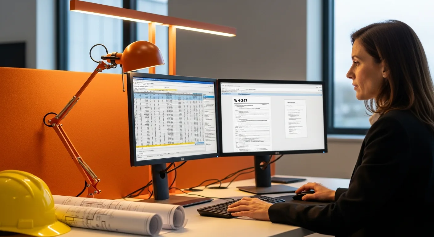 Payroll administrator completing WH-347 certified payroll form at office desk with construction blueprints