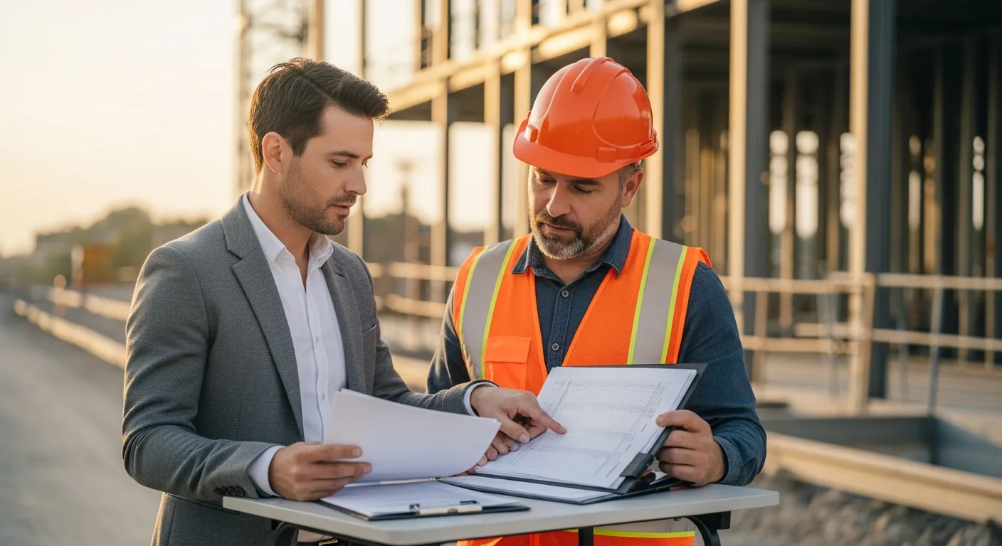 Compliance officer reviewing certified payroll records with construction contractor on-site