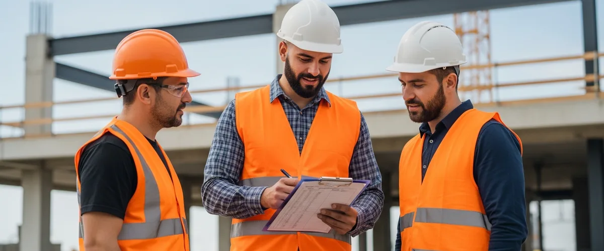 Construction workers in orange safety vests reviewing certified payroll timesheets at job site
