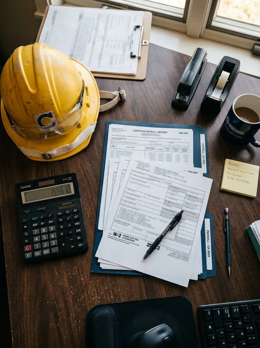 Certified payroll reporting documents and W-2 forms on construction office desk with safety equipment, compliant construction payroll services
