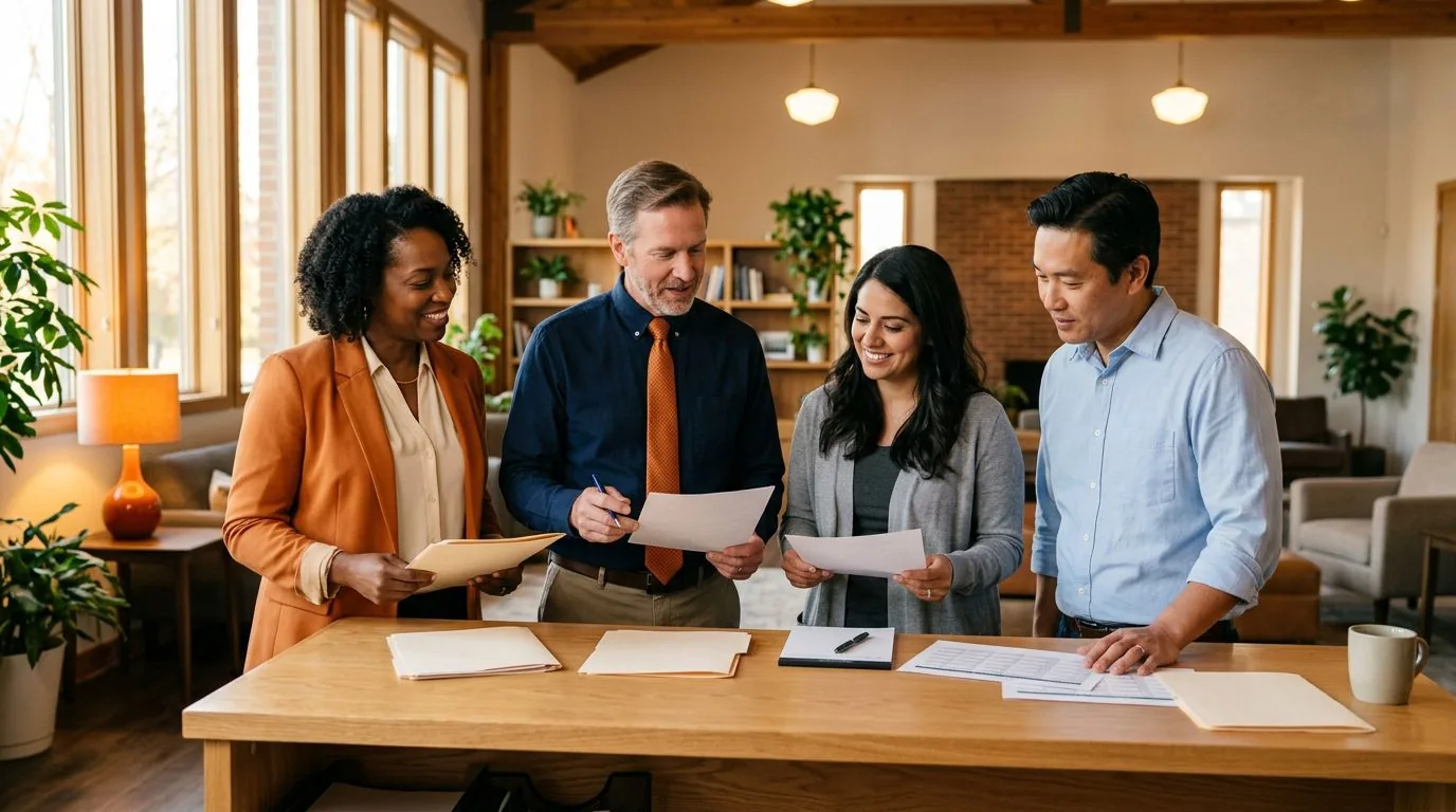 Diverse church staff team in modern fellowship hall, KORE1 compliant church payroll services