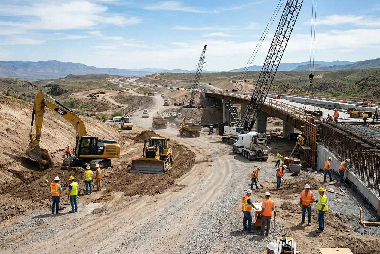 Civil construction crew working on infrastructure project with heavy equipment, prevailing wage payroll services by KORE1