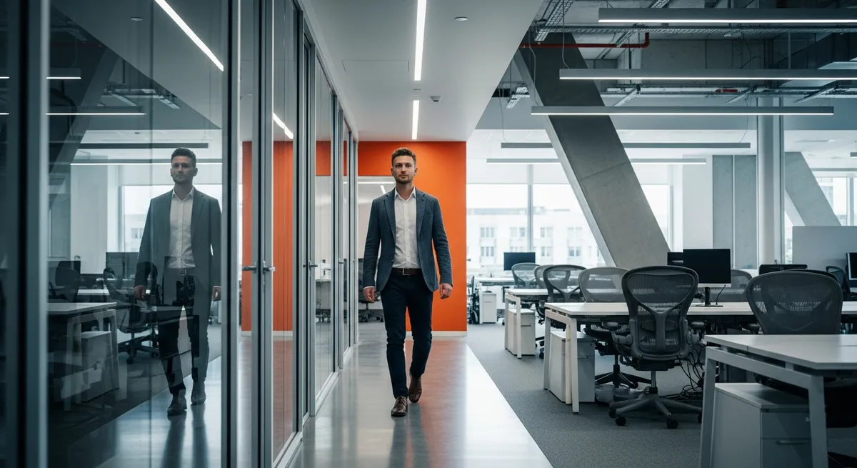 Cloud engineer walking through modern tech office hallway