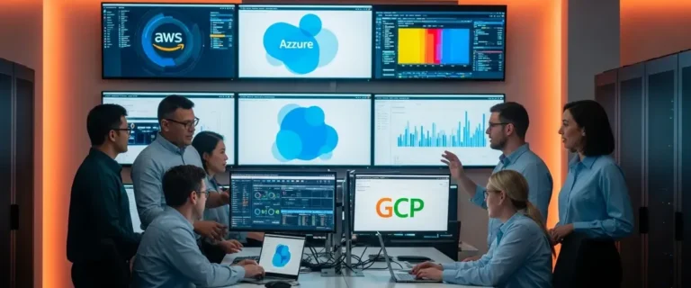 Cloud engineering team collaborating in a modern operations center with cloud platform dashboards