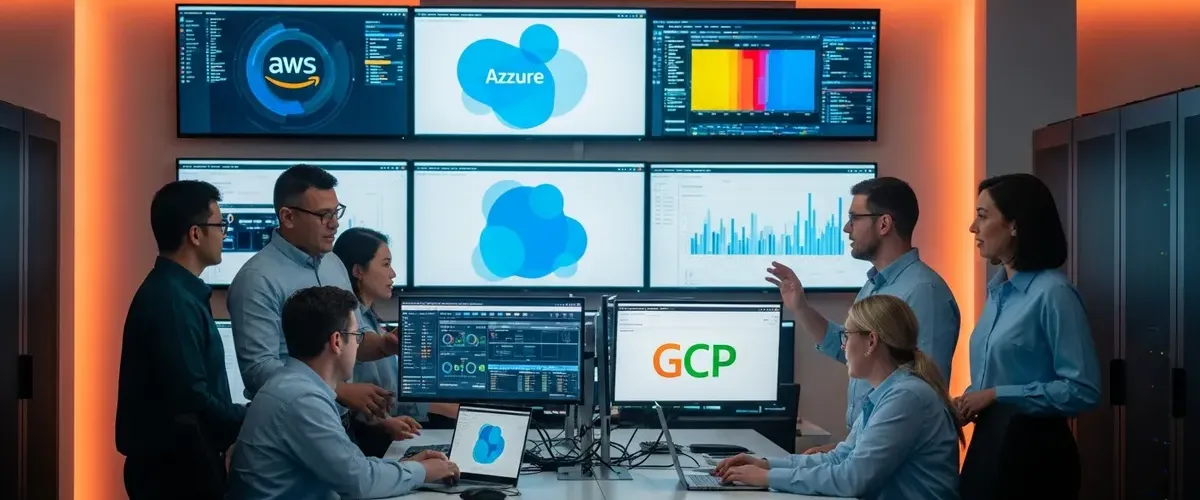 Cloud engineering team collaborating in a modern operations center with cloud platform dashboards