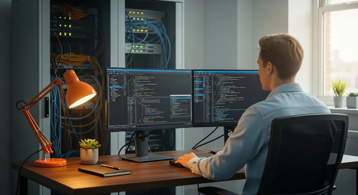Junior cloud engineer working at dual-monitor desk with infrastructure code and server rack in background