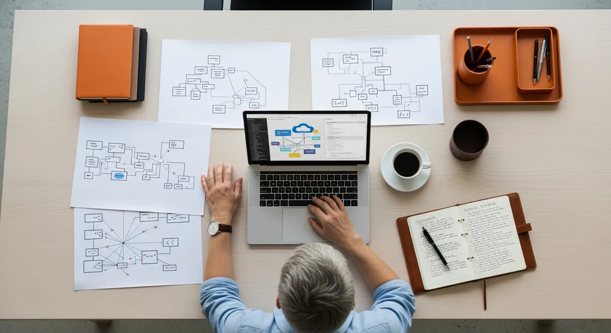 Senior cloud engineer reviewing architecture planning documents and cloud platform console at desk