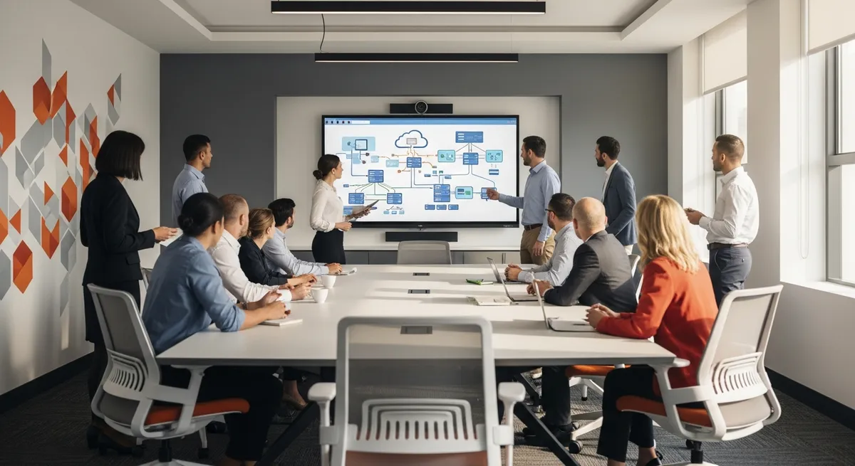 Technology professionals in conference room strategic planning session with cloud infrastructure diagrams