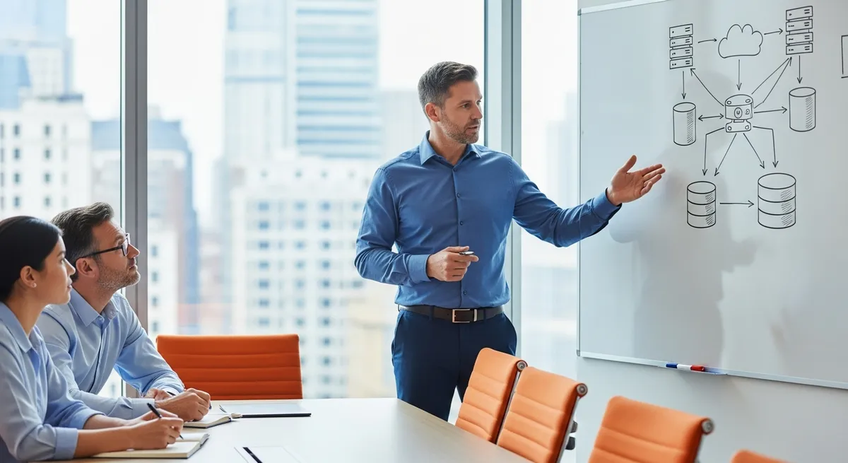Cloud engineer presenting architecture diagram at whiteboard during team meeting