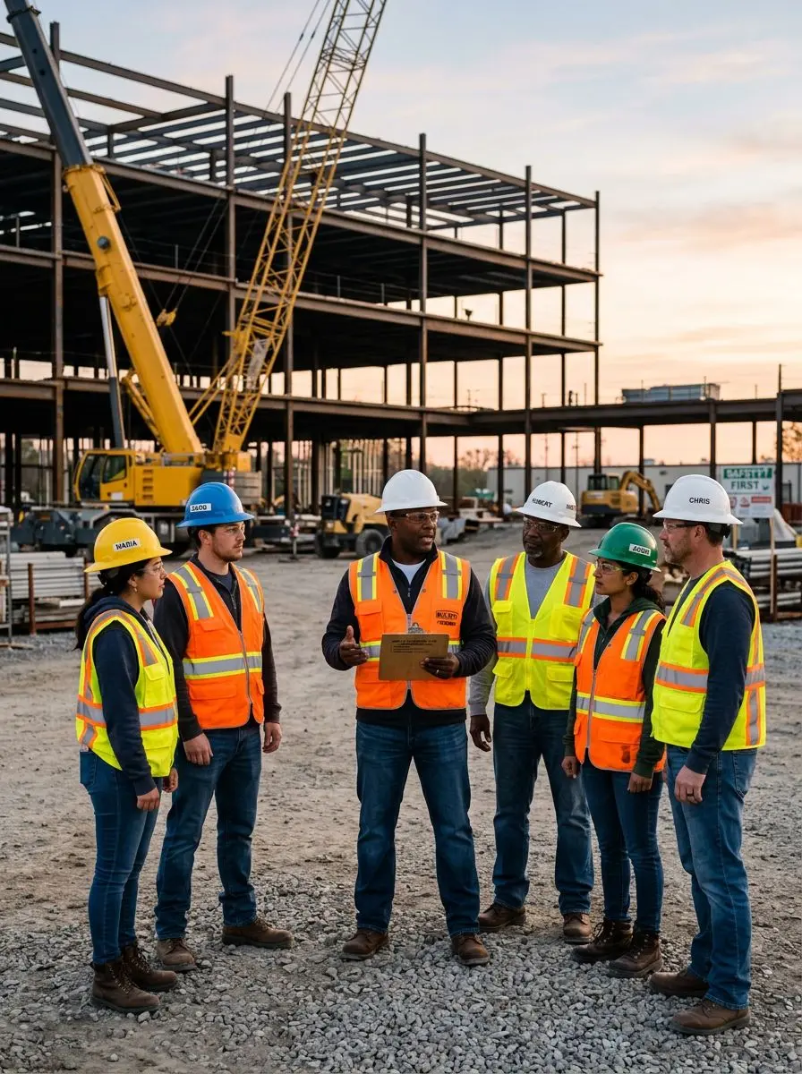 Construction crew at morning safety briefing and toolbox talk, W-2 compliant construction payroll services with proper worker classification