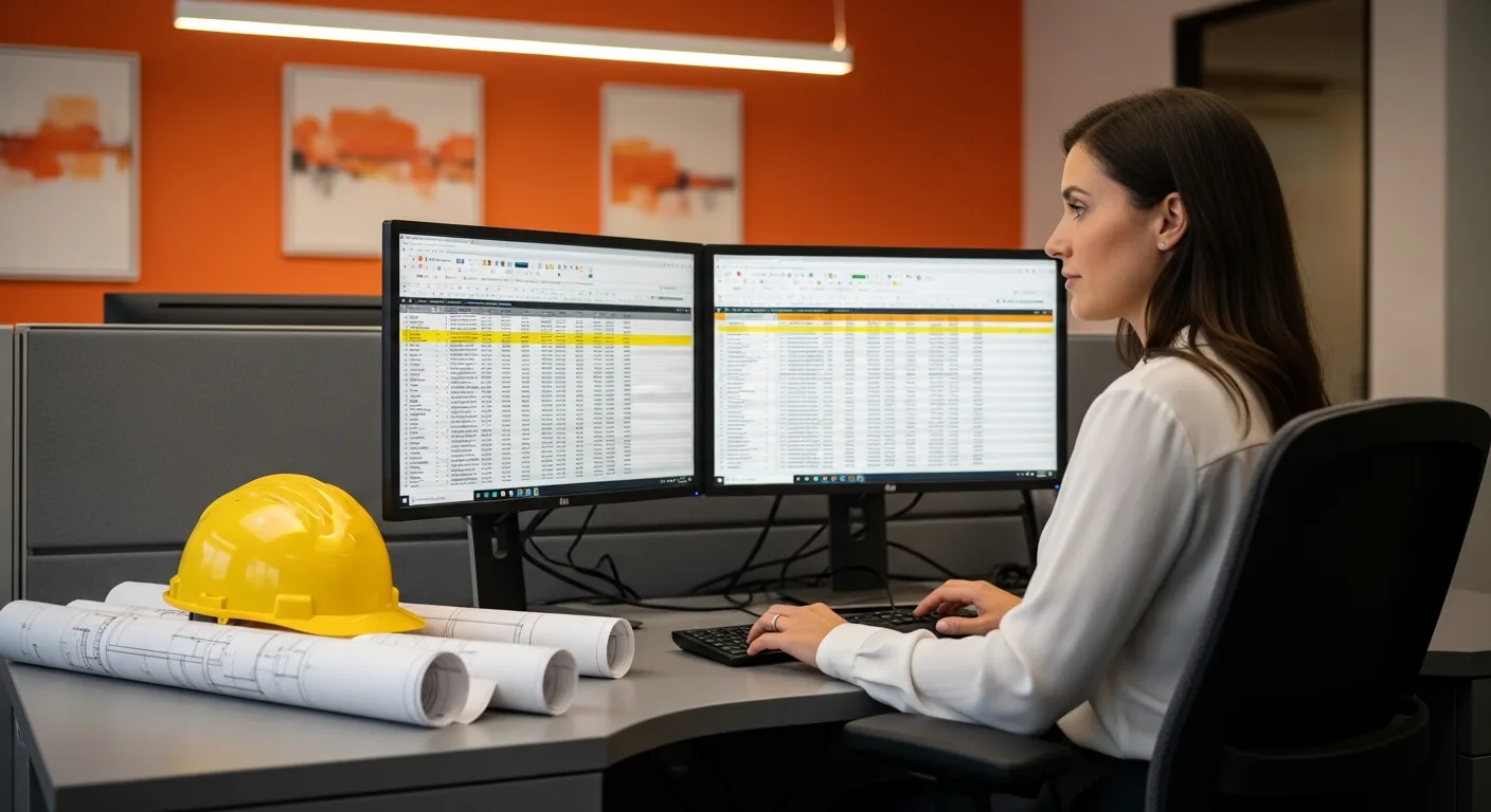 Payroll administrator processing construction payroll at dual-monitor workstation with hard hat on desk