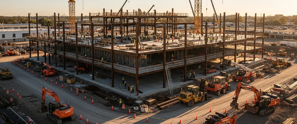 Aerial view of active construction site for top construction payroll companies 2026 ranking