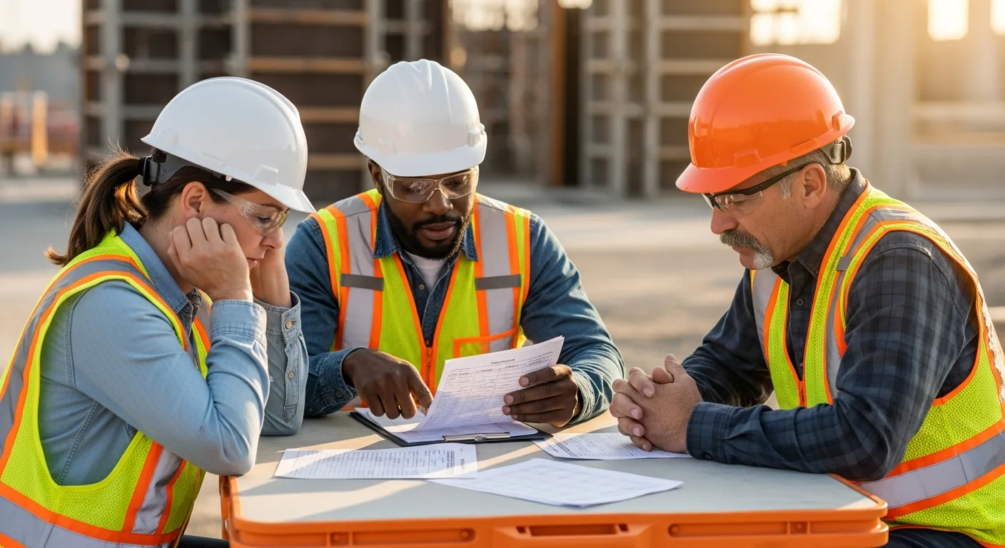 Construction crew reviewing timecards and payroll sheets together at job site table
