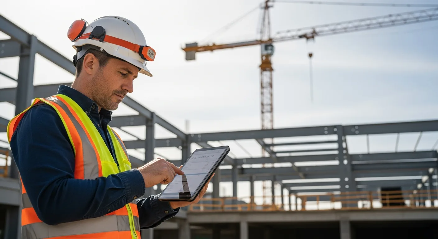 Construction foreman reviewing payroll data on tablet at active job site with crane in background