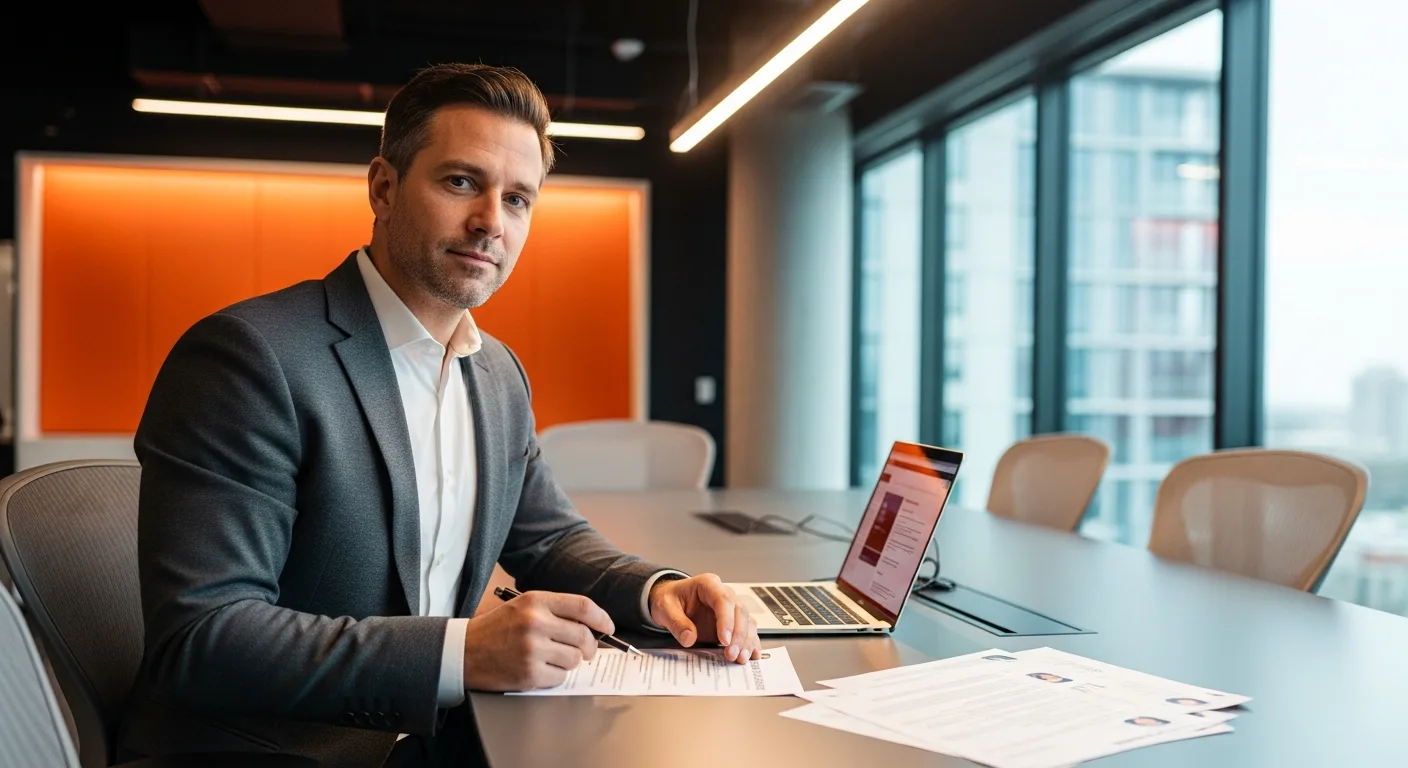 Hiring manager reviewing contract-to-hire candidate profiles at a modern tech office desk